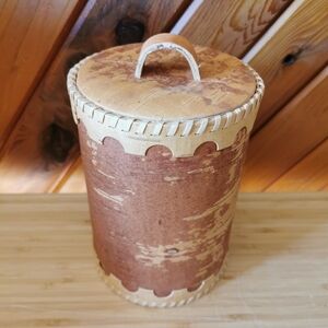 Vintage Handcrafted Birch Bark Canister with Lid